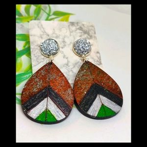 Wood dangle glitter teardrop Chevron earrings